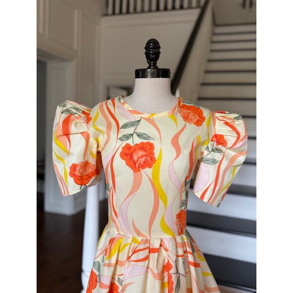 Vintage 80s does 30s 40s Orange Sherbet Coral Floral Maxi Dress Poof Sleeve - Picture 3 of 12